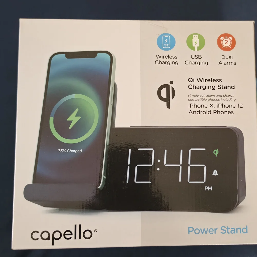 Capello Power Stand Qi Wireless Charger and Alarm Clock – Black